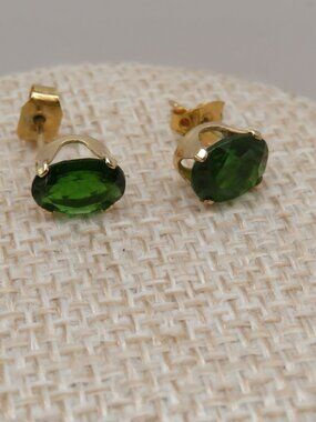 14K Yellow Gold Chrome Diopside Green Stud Earrings